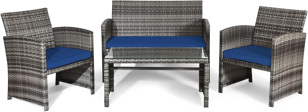 Giantex 4 Pc Patio Conversation Set, Rattan Loveseat & Patio Chairs with Cushioned Seat, Wicker Coffee Table, Outdoor Furniture Set for Front Porch Poolside Garden Lawn