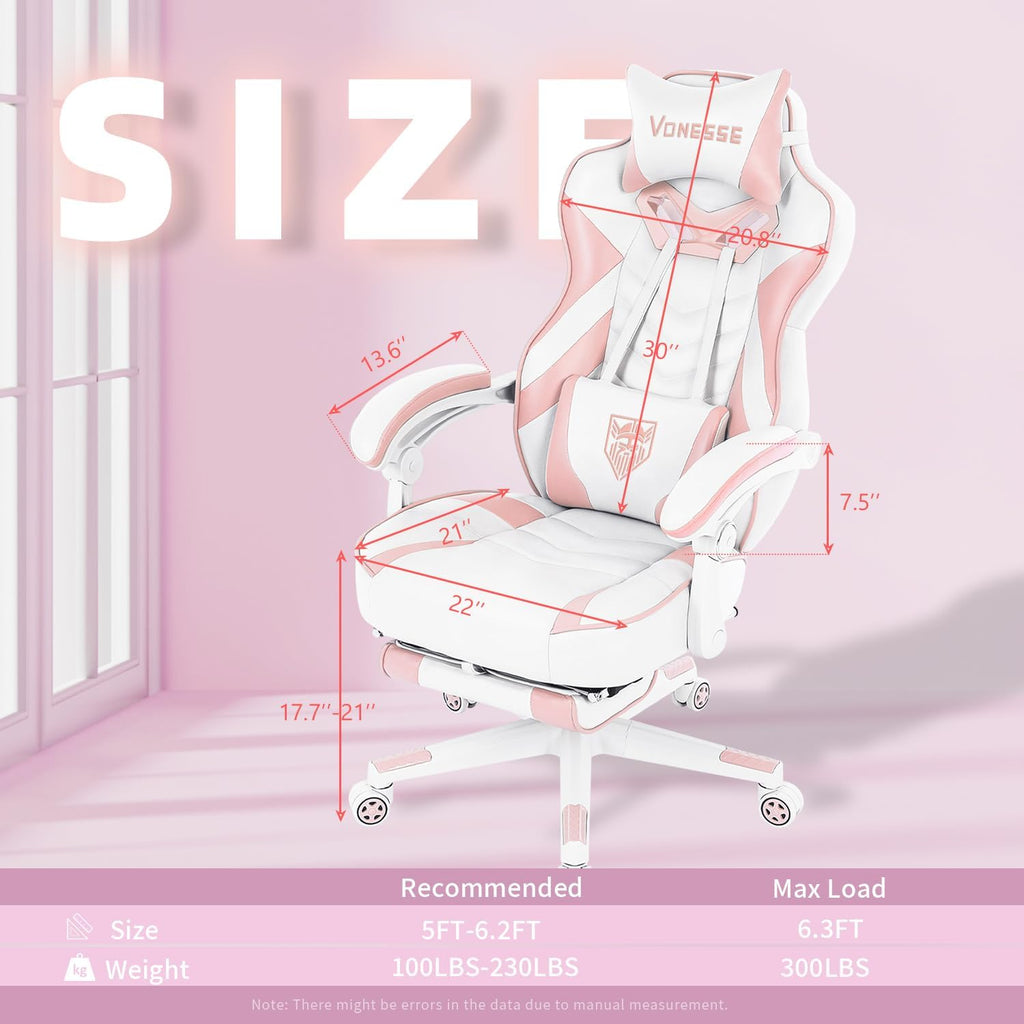 Vonesse Pink Gaming Chair, Big and Tall Gaming Chair with Footrest and Massage, Gaming Chairs for Adults with Lumbar Support, Ergonomic High Back Computer Chair with Pocket Spring Cushion (White/Pink)