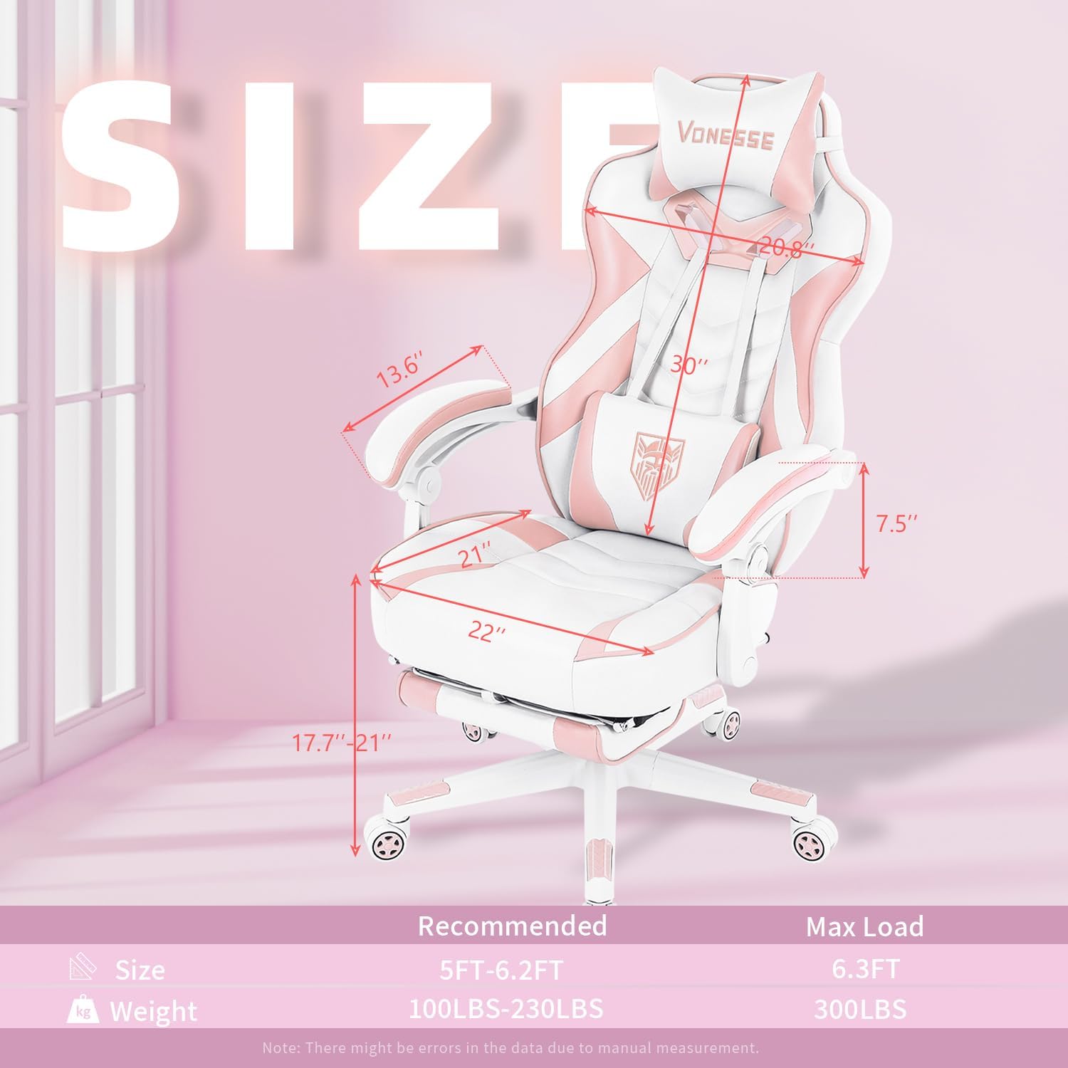 Vonesse Pink Gaming Chair, Big and Tall Gaming Chair with Footrest and Massage, Gaming Chairs for Adults with Lumbar Support, Ergonomic High Back Computer Chair with Pocket Spring Cushion (White/Pink)