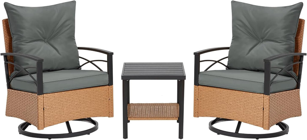 MELLCOM 3 Pieces Patio Furniture Set, Outdoor Swivel Patio Rocker Chairs with Thick Cushions and 2-Tier Coffee Table, Oversize Wicker Bistro Conversation Sets for Garden, Balcony, Backyard, Grey