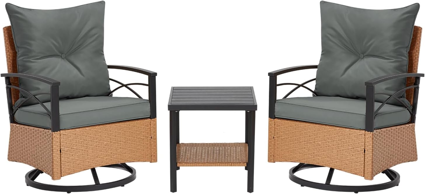 MELLCOM 3 Pieces Patio Furniture Set, Outdoor Swivel Patio Rocker Chairs with Thick Cushions and 2-Tier Coffee Table, Oversize Wicker Bistro Conversation Sets for Garden, Balcony, Backyard, Grey