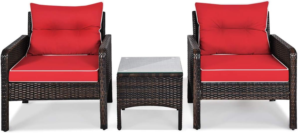 Tangkula 3 Piece Outdoor Patio Furniture Set, Wicker Chairs Set with Glass Top Coffee Table, Thick Cushions, All Weather Garden Lawn Poolside Backyard Porch Furniture Set for 2 (Red)