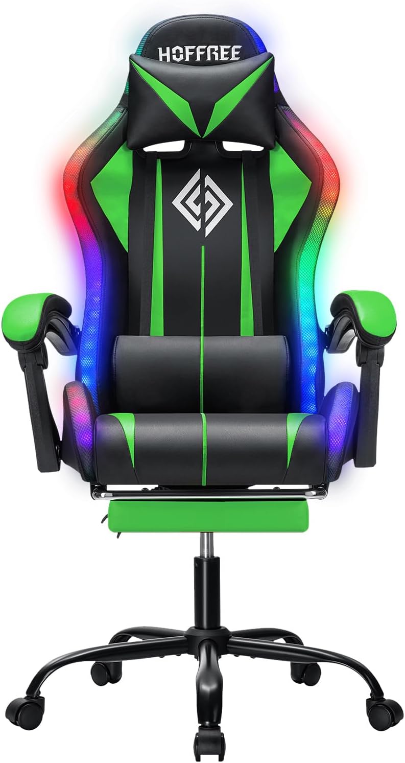 RGB Gaming Chair with LED Lights Massage Ergonomic Computer Gaming Chair High Back Video Game Chair with Footrest and Adjustable Lumbar Support Linkage Armrest Gamer Chairs for Adults Green and Black
