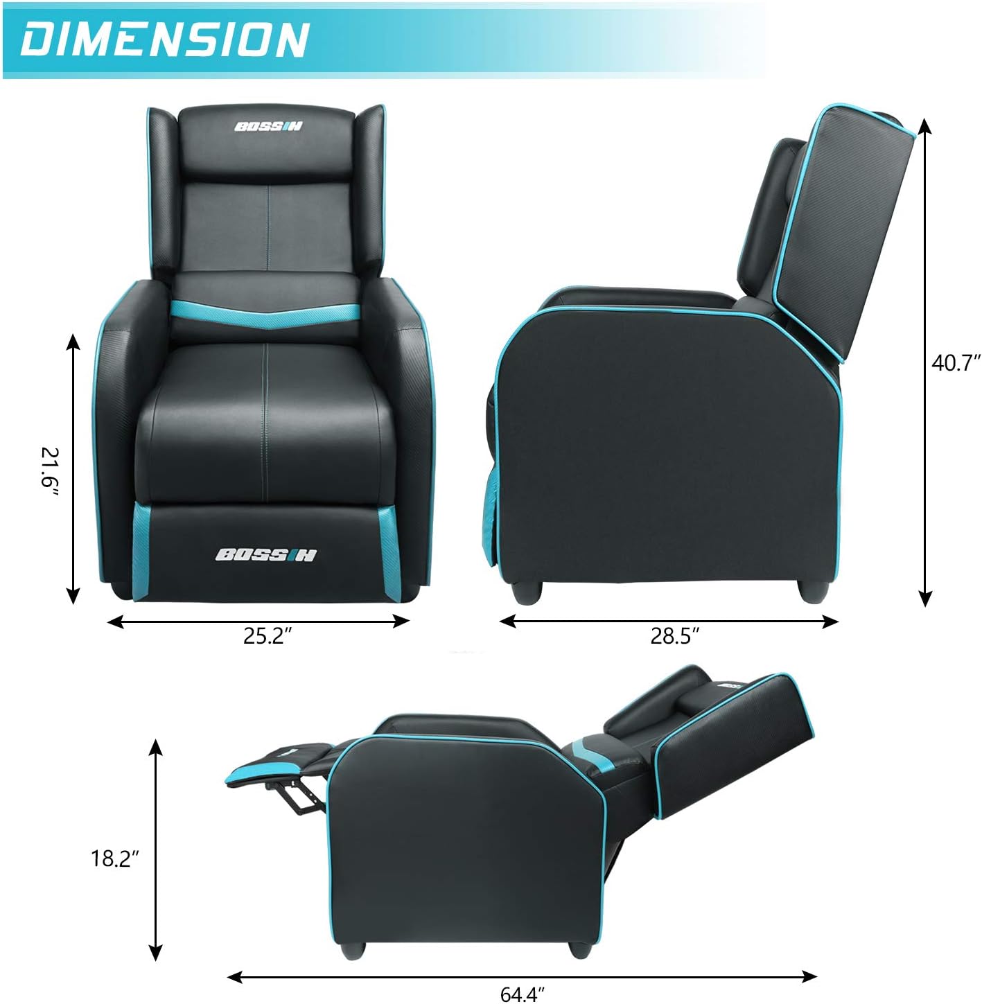 BOSSIN Gaming Recliner Chair for Adults 400lbs Racing Style Sofa Big and Tall PU Leather Recliner Seating, Modern Ergonomic Lounge Comfortable Home Movie Theater for Living Room(Cyan)