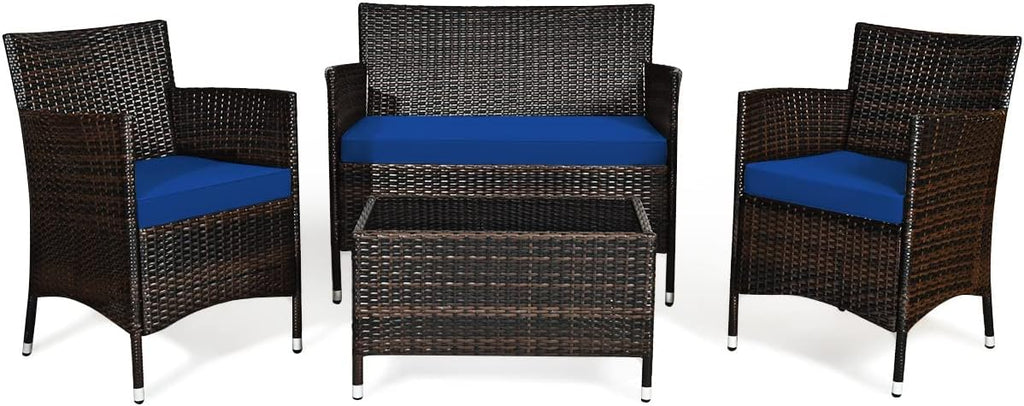 HAPPYGRILL 4 Pieces Patio Sofa Set Rattan Wicker Furniture Patio Conversation Set with Cushioned Sofa and Coffee Table for Outdoor Backyard Garden Poolside