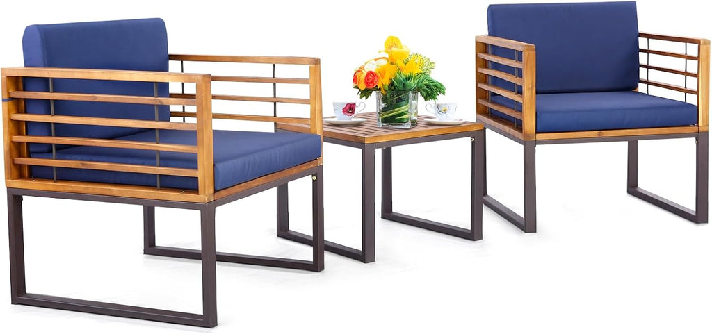 Tangkula 3 Pieces Acacia Wood Patio Bistro Set, Outdoor Conversation Set with Cushioned Armchairs and Square Coffee Table, Patio Furniture Set for Porch, Deck, Balcony