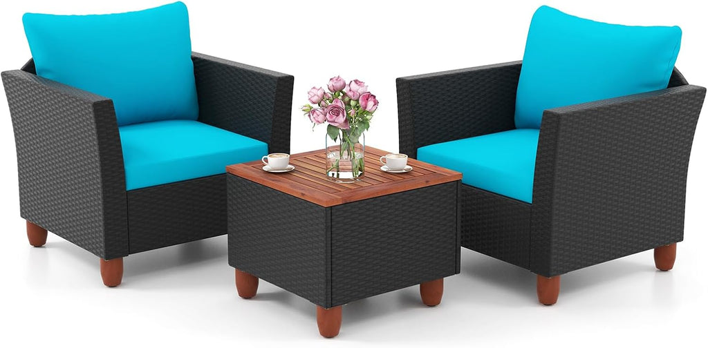 ORALNER 3 Pieces Patio Furniture Set, Outdoor Wicker Conversation Chairs with Cushion, Acacia Coffee Table, Rattan Bistro Set for Balcony Garden Backyard Front Porch Poolside (Turquoise)