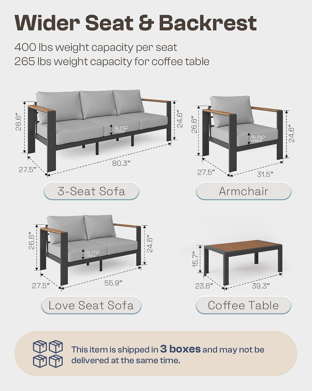Aluminum Outdoor Patio Furniture Loveseat, All-Weather Outdoor Patio Sofa with Washable Thick Cushion, Patio Sofa Couch for Porch, Balcony, Deck, Yard, Gray