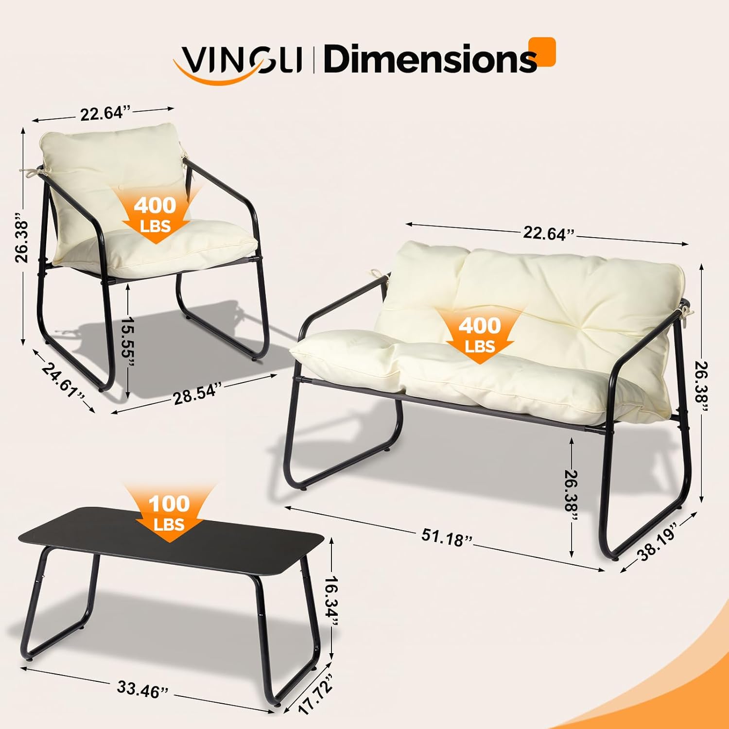 VINGLI 4 Piece Patio Conversation Set, Outdoor Furniture Set with Glass Coffee Table & Comfortable Cushion, All-Weather Cushioned Seating for Garden, Backyard, Porch, White