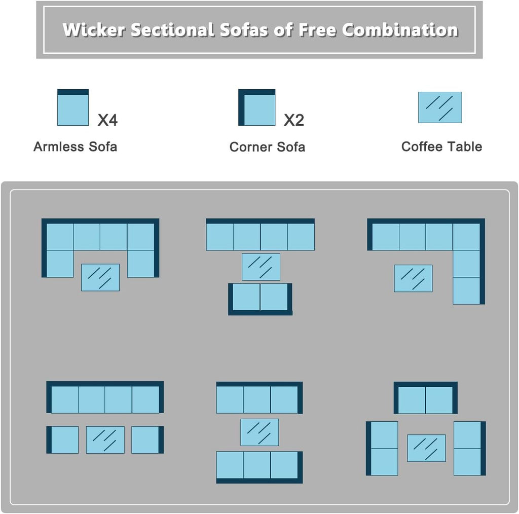 COSTWAY 7 Pieces Patio Furniture Set, Outdoor Rattan Conversation Set with 6 Seats, Coffee Tea Table, Soft Cushions, Wicker Patio Sectional Sofa for Garden Balcony Porch Poolside, Turquoise