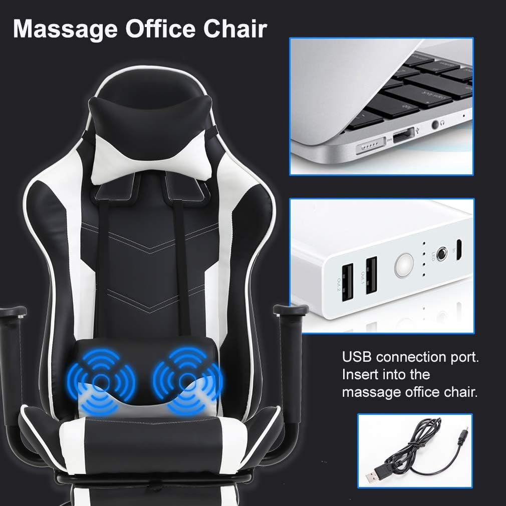 BestOffice PC Gaming Chair Racing Office Chair Ergonomic Desk Chair Massage PU Leather Recliner Computer Chair with Lumbar Support Headrest Armrest Footrest Rolling Swivel Task Chair for Adults, White