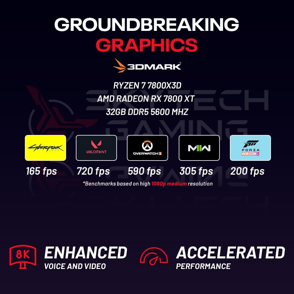 Skytech O11D Gaming PC Desktop, Ryzen 7 7800X3D 4.2 GHz (5GHz Turbo Boost), AMD RX 7800XT 16GB GDDR6, 1TB Gen4 SSD, 32GB DDR5 RAM 5600 RGB, 750W Gold PSU, 360mm ARGB AIO, Wi-Fi, Win 11 Home