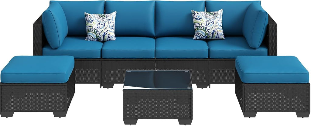 U-MAX 8 Piece Outdoor Patio Furniture Set, PE Rattan Outdoor Wicker Sectional Furniture Chair Set with Cushions and Tea Table, Black Rattan and Peacock Blue Cushion (with Cover)