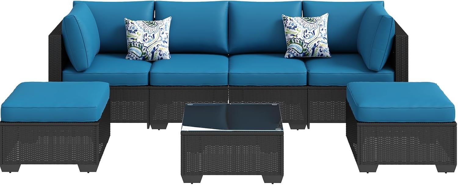 U-MAX 8 Piece Outdoor Patio Furniture Set, PE Rattan Outdoor Wicker Sectional Furniture Chair Set with Cushions and Tea Table, Black Rattan and Peacock Blue Cushion (with Cover)