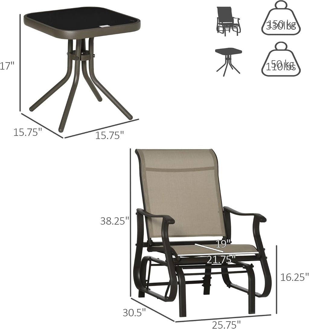 Outsunny 3-Piece Outdoor Gliders Set, Bistro Table and Chairs with Steel Frame, Tempered Glass Top Table for Patio, Garden, Backyard, Lawn, Gray