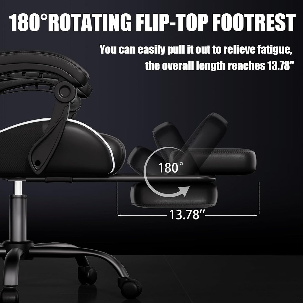 Czlolo Gaming Chair, Ergonomic Office Computer Chair with Footrest and Lumbar Support Massager Racing Style High Back Video Gamer Chair, Wide＆Thick Cushion, 90°-135° Recline, Adjustable Height, White