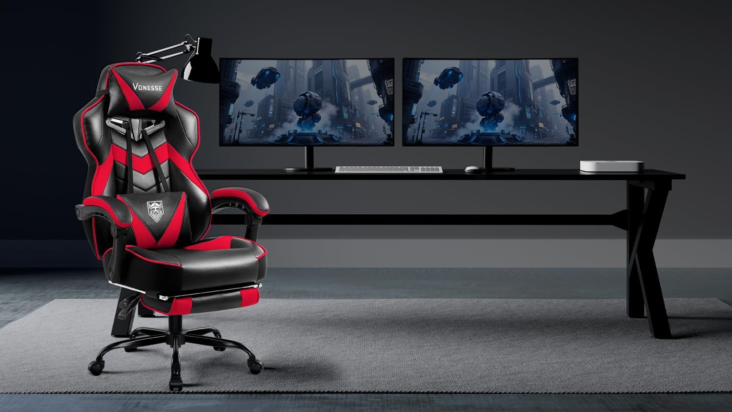 Vonesse Gaming Chair, High Back Gaming Chair with Footrest and Massage, Gaming Chairs for Adults with Pocket Spring Cushion, Big and Tall Reclining Computer Chair with Lumbar Support (Red/Black)