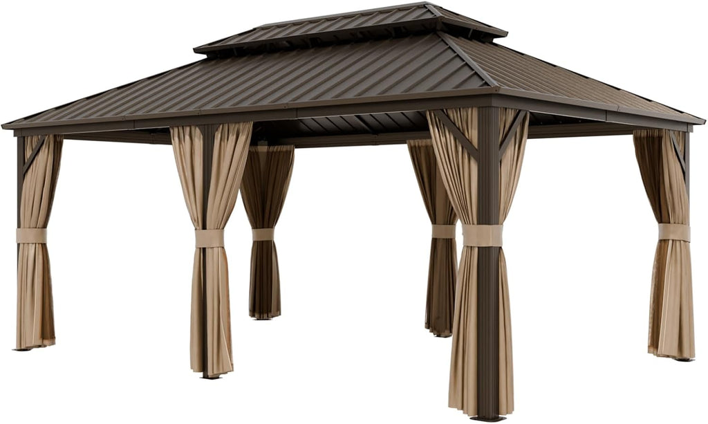12x18 Hardtop Gazebo with Netting and Curtains, Galvanized Steel Double Roof Outdoor Pavilion with Aluminum Frame, Patio Gazebo for Deck, Garden, Lawn, Dark Brown/Tan