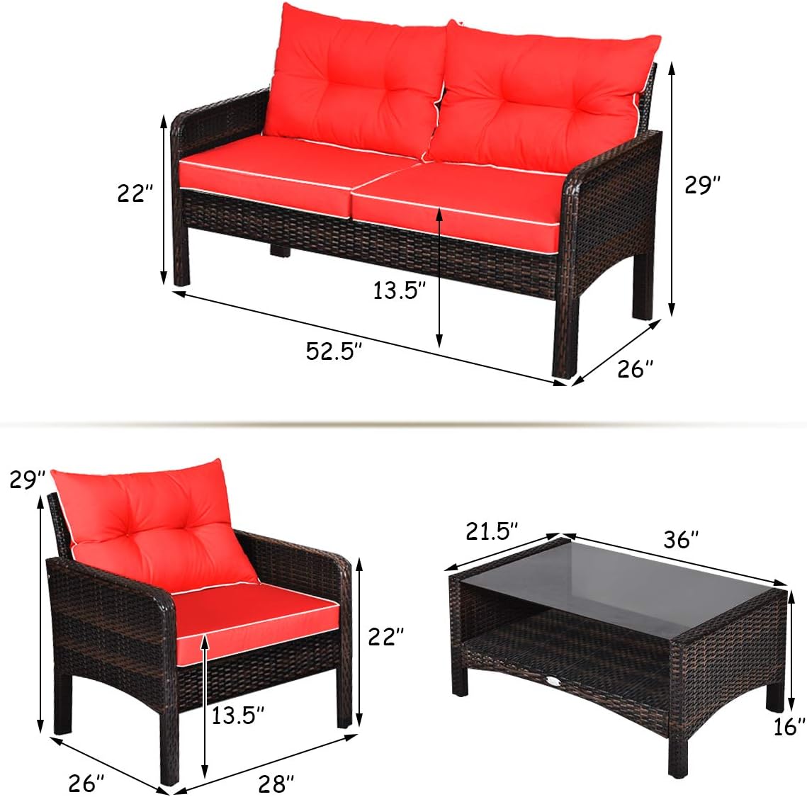 COSTWAY 4-Piece Patio Furniture Set, Sectional Wicker Rattan Sofa Chair with Cushion, Loveseat, Coffee Table with Tempered Glass and Shelf, Outdoor Conversation Sets for Poolside Porch (Red)