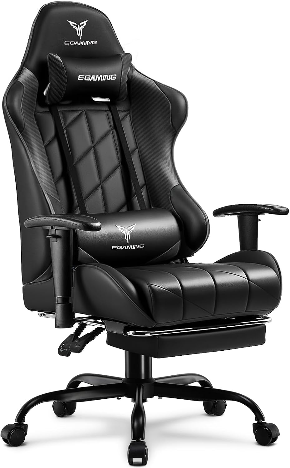 Gaming Chair with Footrest, Ergonomic High-Back PU Leather Computer Chair with 3D Adjustable Armrests, Headrest and Lumbar Support, Office Desk Chair with Diamond Stitching for Adults & Teen