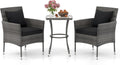 Tangkula 3-Piece Patio Furniture Set, PE Wicker Conversation Bistro Set w/A Tempered Glass Table & 2 Cushioned Chairs, Outdoor Table & Chairs Set for Patio Porch Yard Garden (Black)