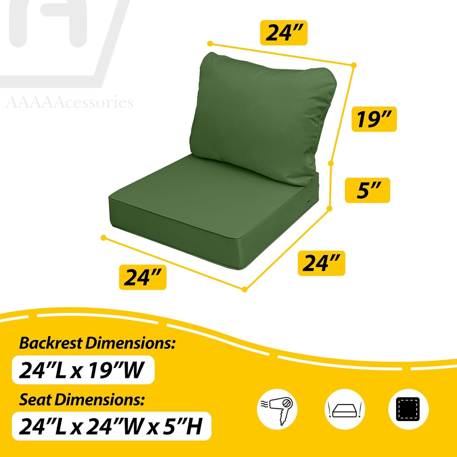 AAAAAcessories Outdoor Deep Seat Cushions, Waterproof, Fade-Resistant Patio Furniture Replacement Cushions, 24' x 24' x 5', Set of 4, Dark Moss Green