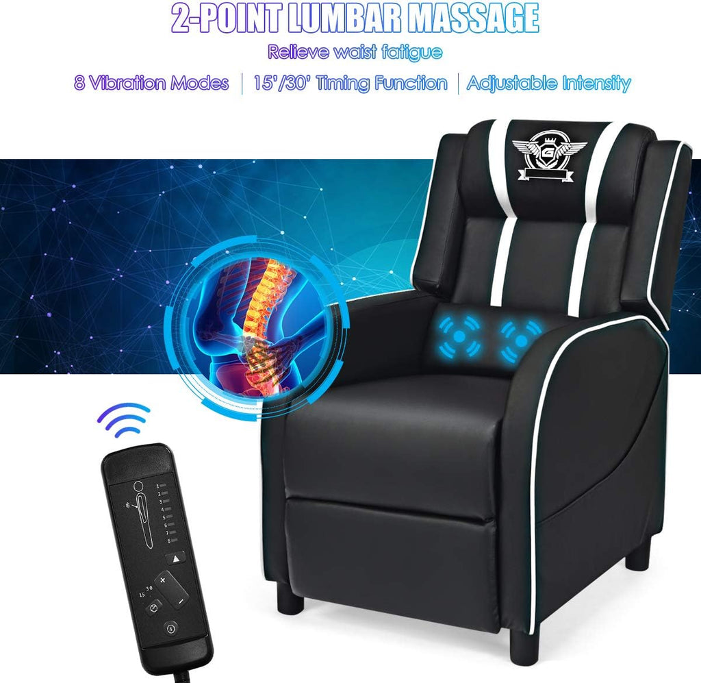 Giantex Gaming Recliner Chair, Adjustable Massage Gaming Chairs for Adults, Ergonomic Comfortable Lounge Leather Sofa w/Footrest, Remote Control, Side Pocket, Racing Style Single Sofa Recliners, White