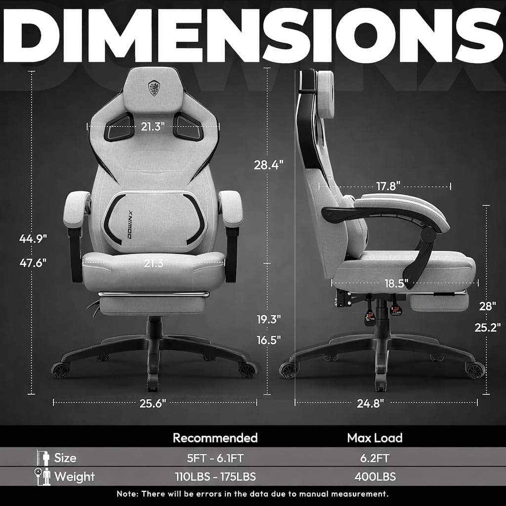Dowinx Fabric Gaming Chair with Footrest, Big and Tall Gamer Chair with Lumbar Support, Wide Back Computer Chair for Heavy People, Grey