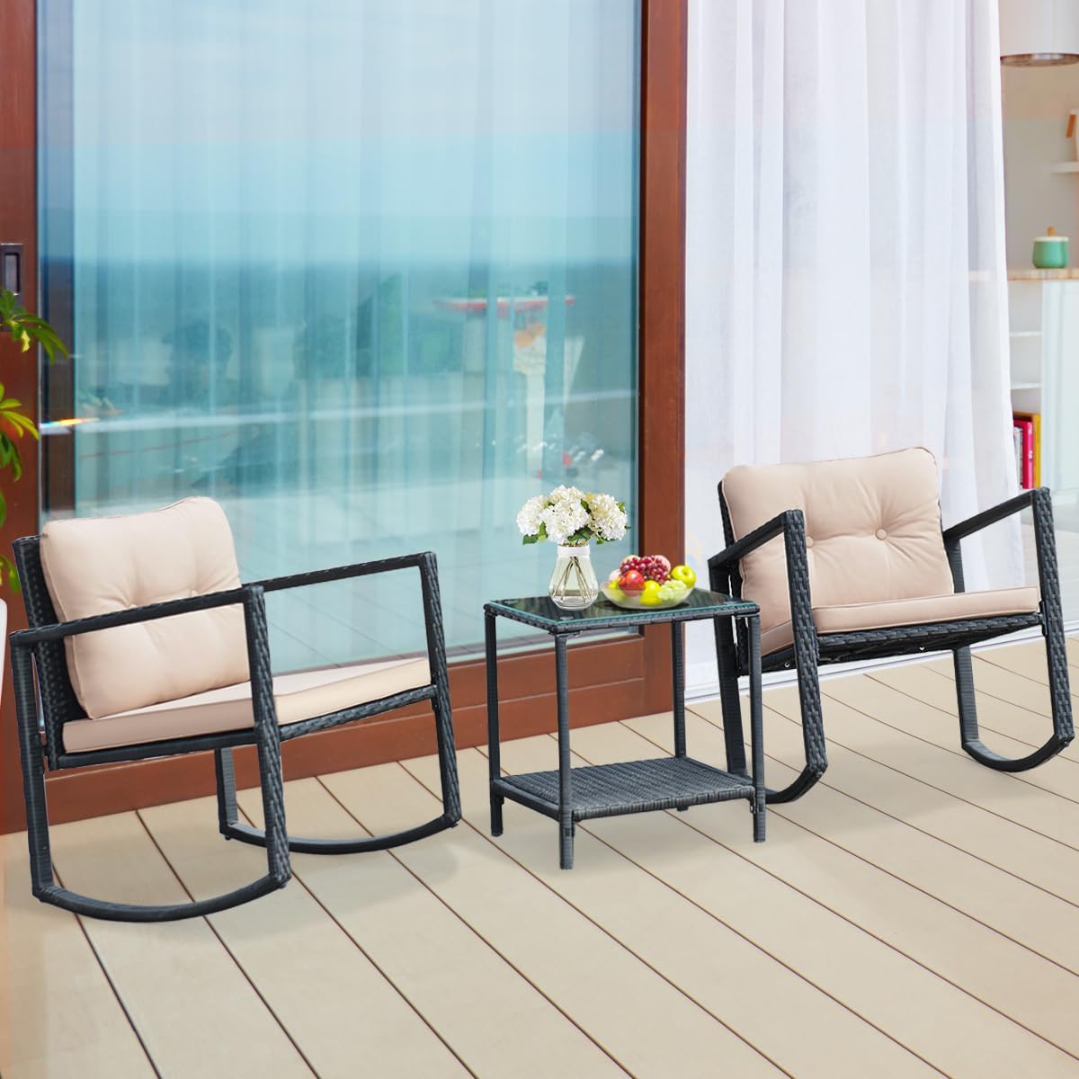 COSTWAY 3 Pieces Patio Rattan Rocking Chair Set, Outdoor Conversation Furniture Sets with Coffee Table, Storage Shelf and Cushions, Modern Bistro Set for Porch, Backyard, Garden, Beige