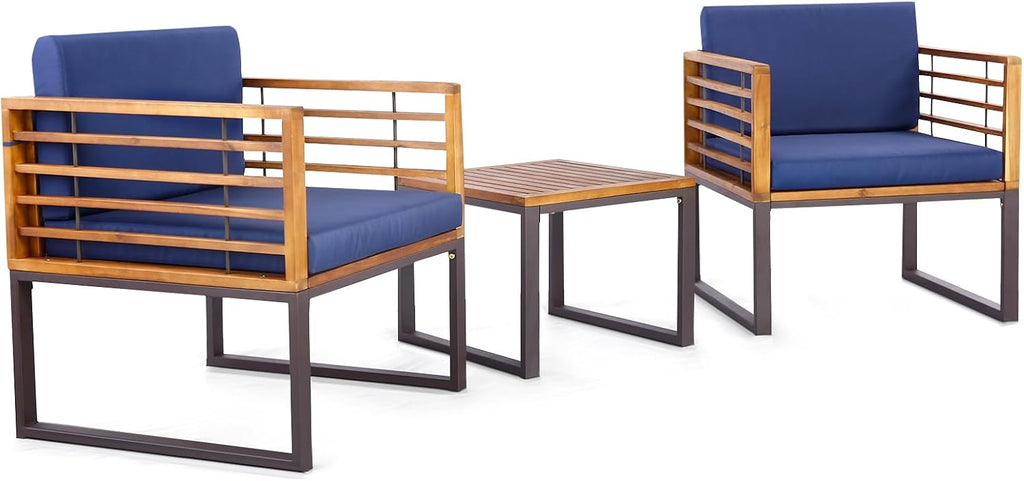 Tangkula 3 Pieces Acacia Wood Patio Bistro Set, Outdoor Conversation Set with Cushioned Armchairs and Square Coffee Table, Patio Furniture Set for Porch, Deck, Balcony
