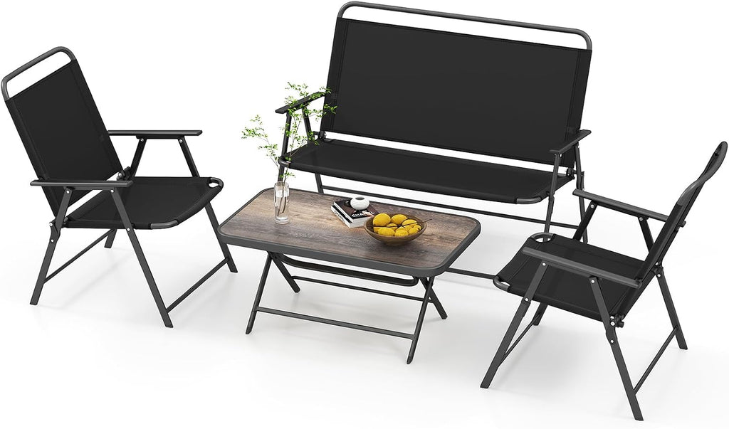 Tangkula 4 Piece Folding Patio Furniture Set, Metal Chair & Table Set with Breathable Fabric Seat, Outdoor Sectional Conversation Set with 2 Patio Chairs, Loveseat, Coffee Table for Yard Porch Deck