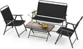 Tangkula 4 Piece Folding Patio Furniture Set, Metal Chair & Table Set with Breathable Fabric Seat, Outdoor Sectional Conversation Set with 2 Patio Chairs, Loveseat, Coffee Table for Yard Porch Deck