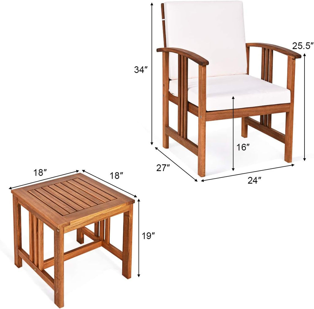 Tangkula 3 Pieces Patio Furniture Set, Includes Set of 2 Outdoor Acacia Wood Cushioned Chairs and Coffee Table, for Garden, Backyard, Poolside, Bistro and Deck, Patio Conversation Chat Set (White)
