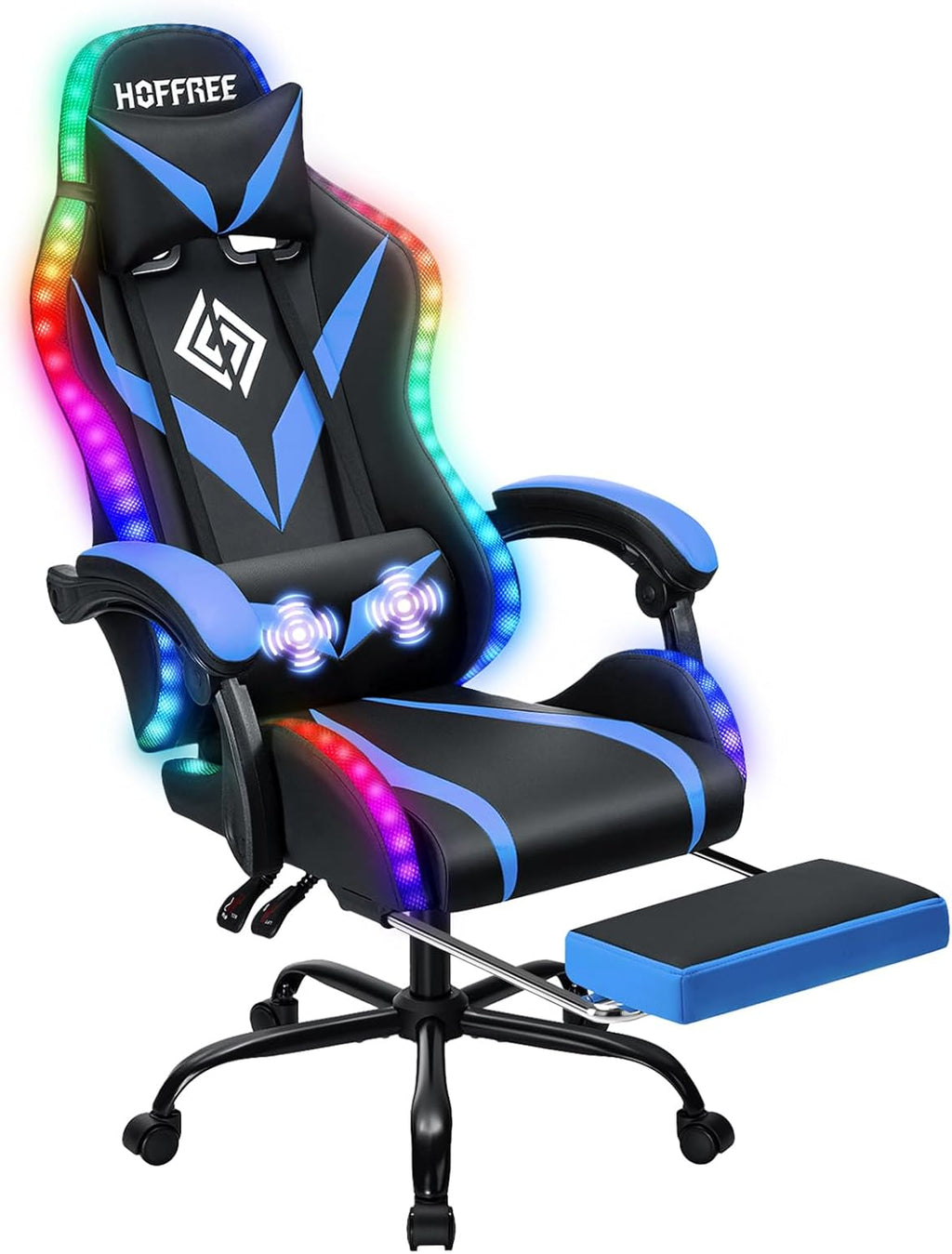 RGB Gaming Chair with Massage and LED Lights Ergonomic Video Game Chairs with Footrest High Back Reclining Computer Chair with Adjustable Lumbar Support Blue and Black