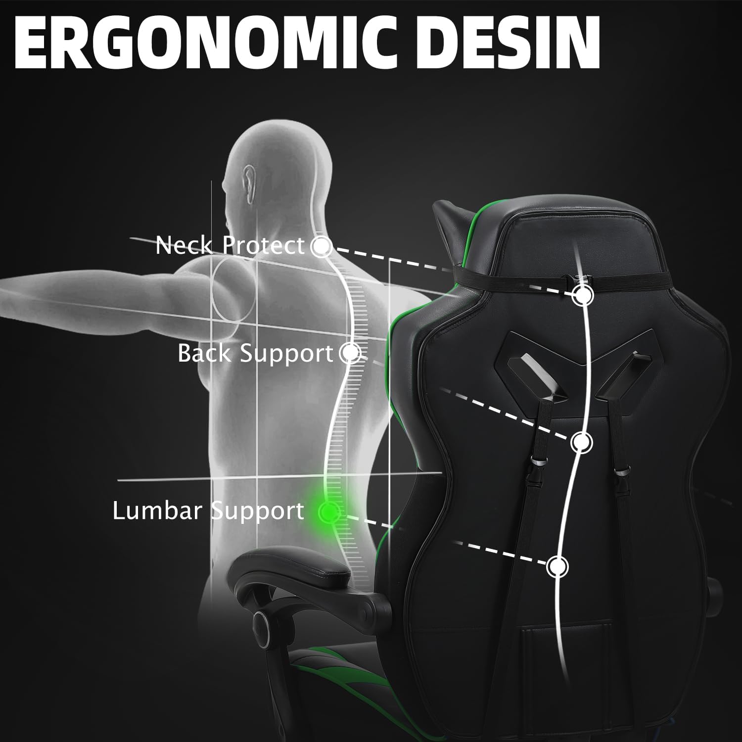 Vonesse Gaming Chair, Big and Tall Gaming Chair with Footrest and Massage, Gaming Chairs for Adults with Lumbar Support, Ergonomic High Back Computer Chair with Pocket Spring Cushion (Green/Black)