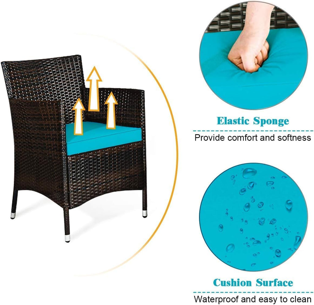 COSTWAY Outdoor Rattan Patio Furniture Set 4 Pieces, Wicker Rattan Cushioned Conversation Conversation Chairs with Coffee Table for Backyard Balcony Porch Poolside, Turquoise