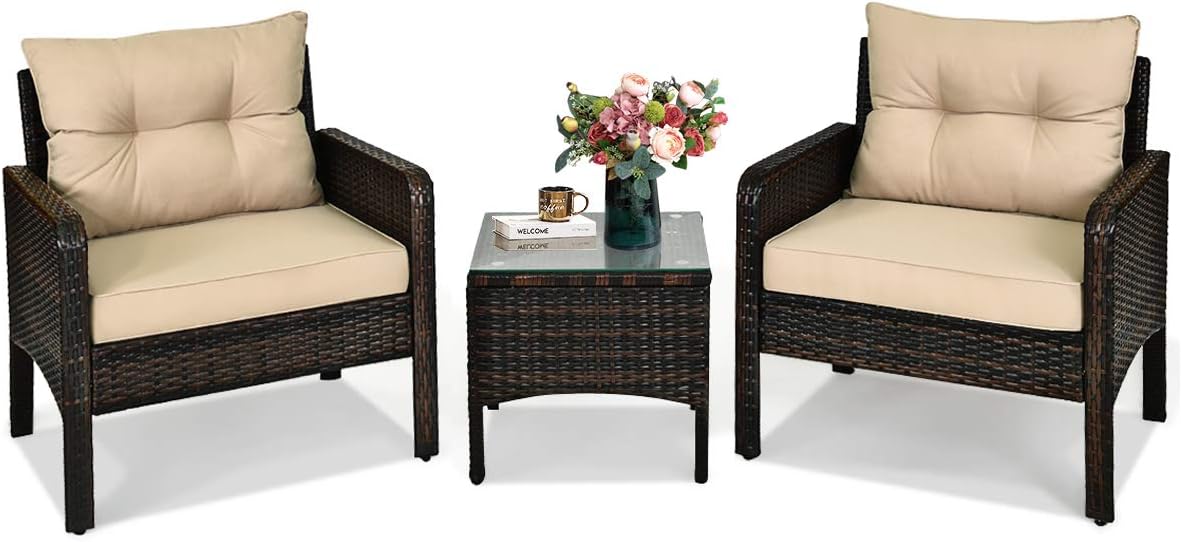 HAPPYGRILL 3 Pieces Patio Furniture Set Outdoor Rattan Wicker Coffee Table & Chairs Set with Seat Cushions Patio Conversation Set for Garden Balcony Backyard Poolside