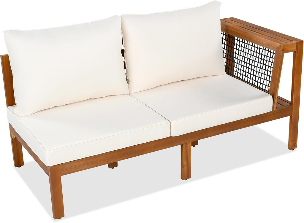 4 Piece Outdoor Patio Furniture Set, L-Shaped Patio Sofa Set with Coffee Table and Woven Mesh Armrests, All-Weather Conversation Seat with Cushions and Side Table (Beige+Brown)