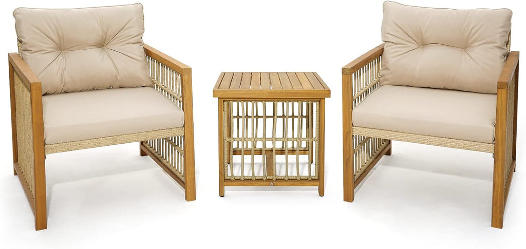Tangkula 3 Pieces Acacia Wood Patio Furniture Set, PE Wicker Bistro Set with Cushioned Chairs and Coffee Table, Outdoor Conversation Set for Porch, Deck, Balcony, Backyard (Beige)