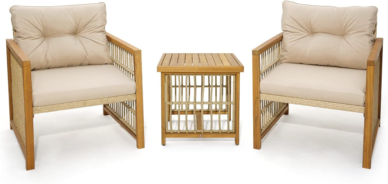 Tangkula 3 Pieces Acacia Wood Patio Furniture Set, PE Wicker Bistro Set with Cushioned Chairs and Coffee Table, Outdoor Conversation Set for Porch, Deck, Balcony, Backyard (Beige)