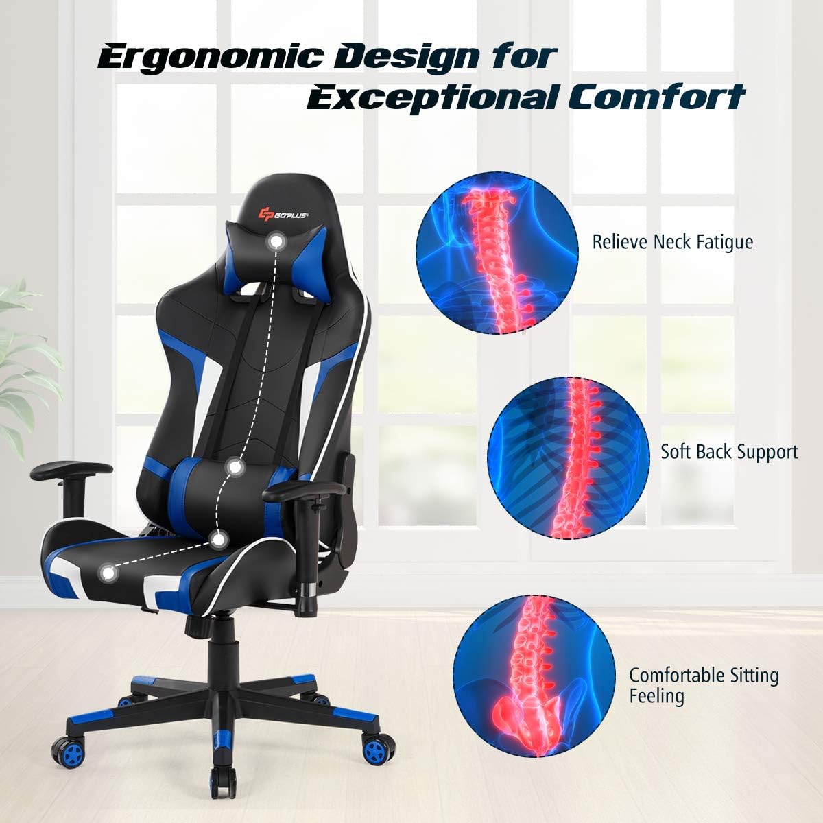 Goplus Gaming Chair - Racing Style, High Back PU Leather, Adjustable Arms & Headrest, Ergonomic Reclining Game Chair with Rolling Swivel Base