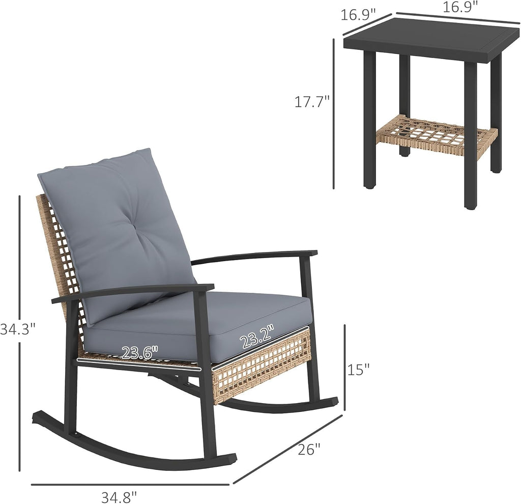 Outsunny 3 Pieces Rocking Wicker Outdoor Bistro Set, Rattan Patio Furniture Set with Coffee Table and Porch Chairs, Button Tufted Cushions for Backyard, Balcony, Garden, Gray