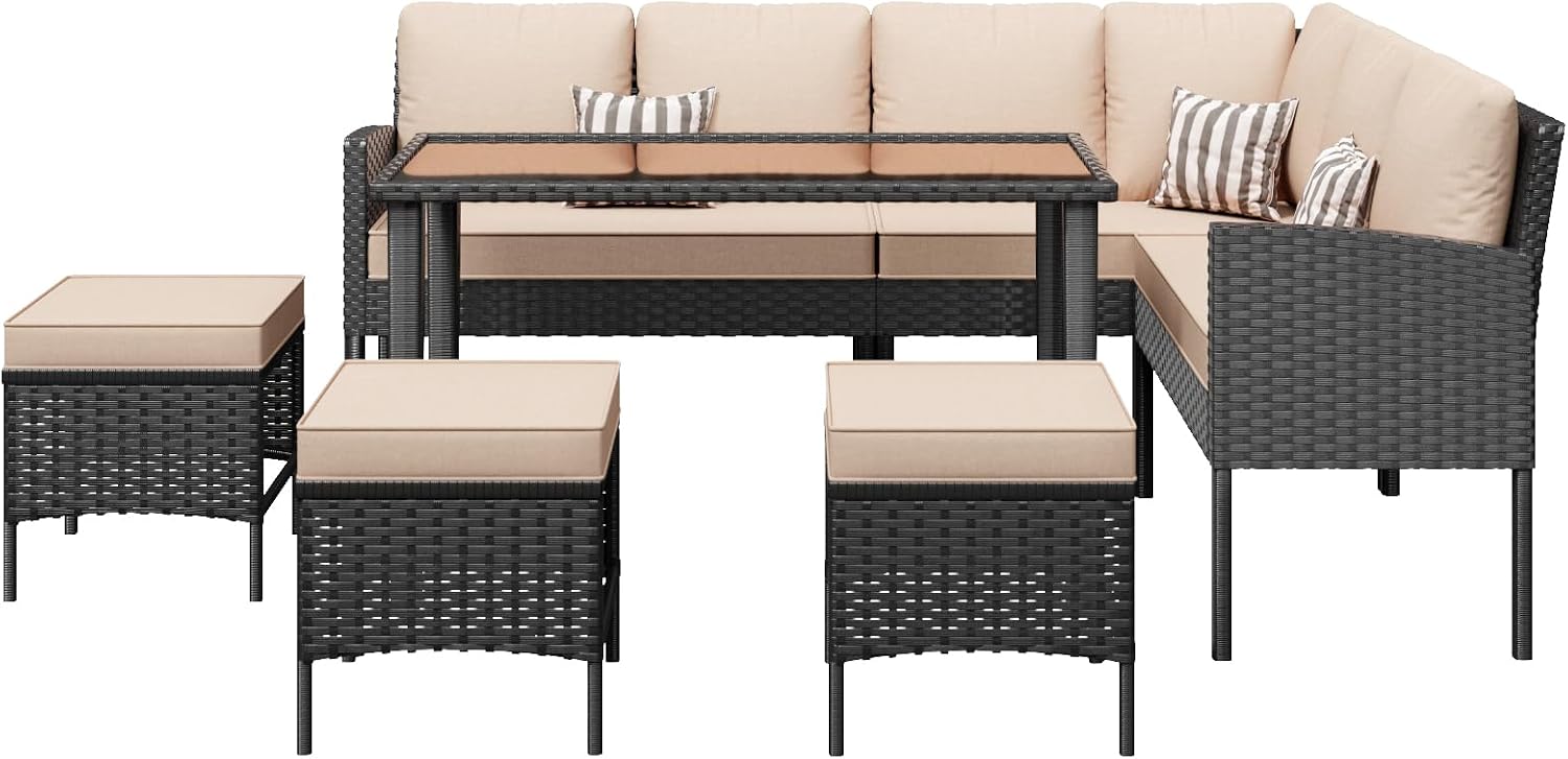 7-Piece Patio Furniture Set with Cushions and Pillows, Outdoor Wicker Sectional Sofa with Long Glass Coffee Table, All-Weather Conversation Set for Garden, Porch, Lawn, Khaki