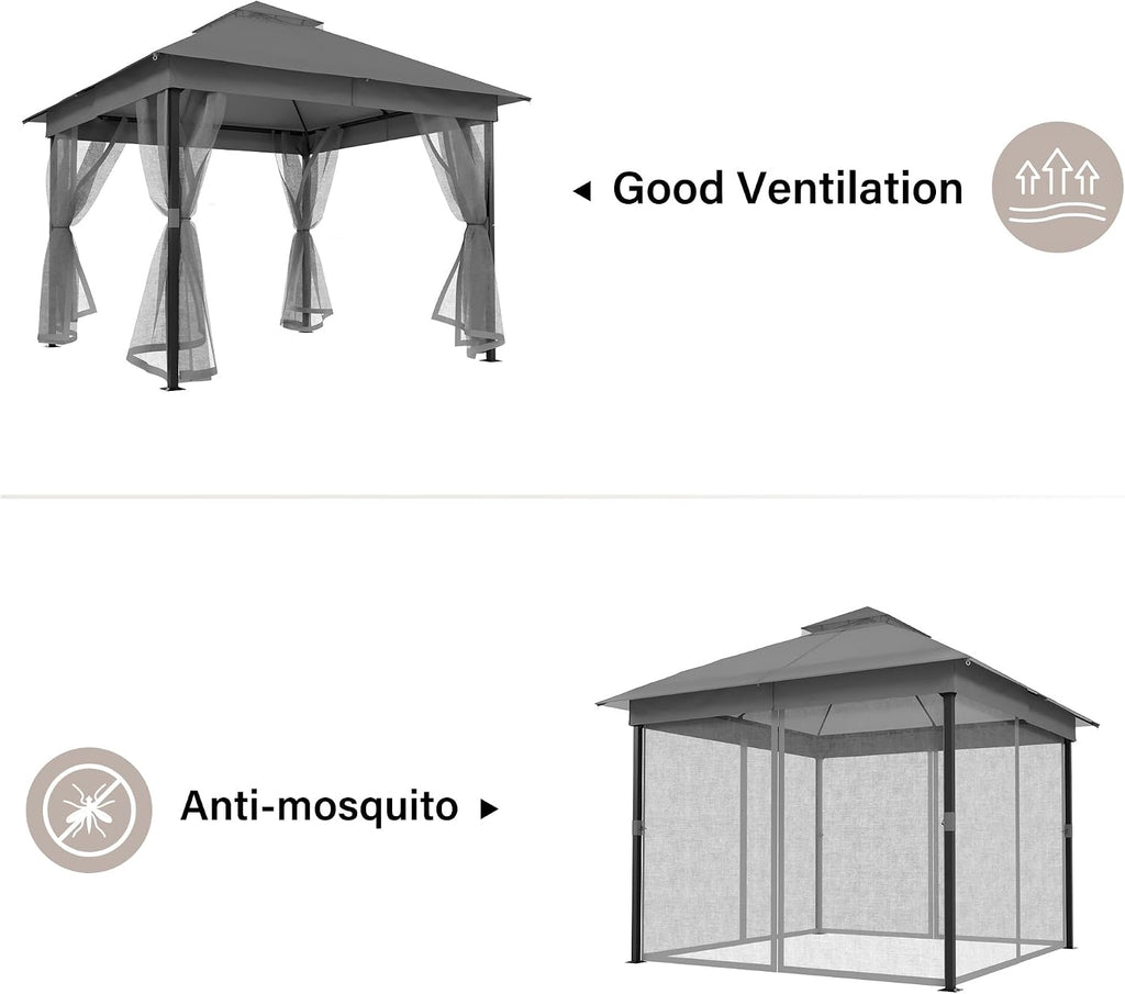 LAUSAINT HOME 10' X 10' Waterproof Patio Gazebo with Mosquito Netting, Double Roof Outdoor Gazebo Pavilion Shelter for Backyard, Garden, Lawn, Wedding (Grey)