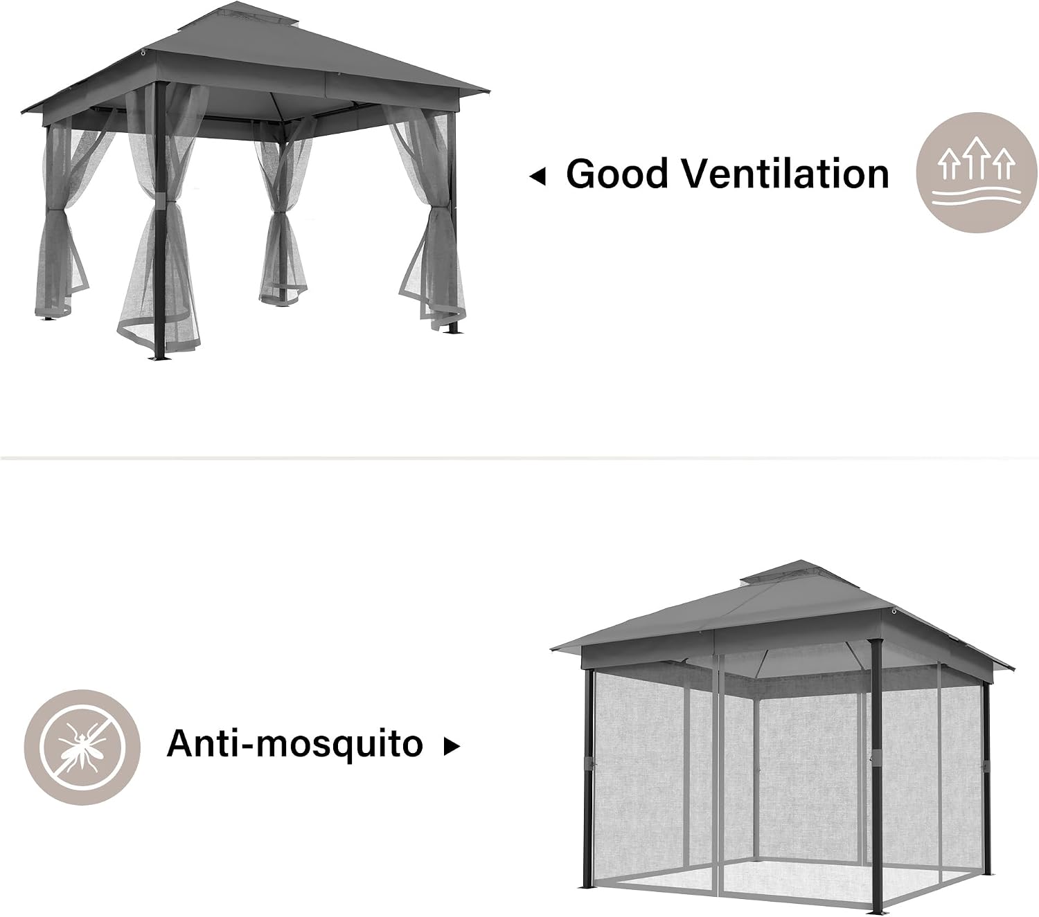 LAUSAINT HOME 10' X 10' Waterproof Patio Gazebo with Mosquito Netting, Double Roof Outdoor Gazebo Pavilion Shelter for Backyard, Garden, Lawn, Wedding (Grey)