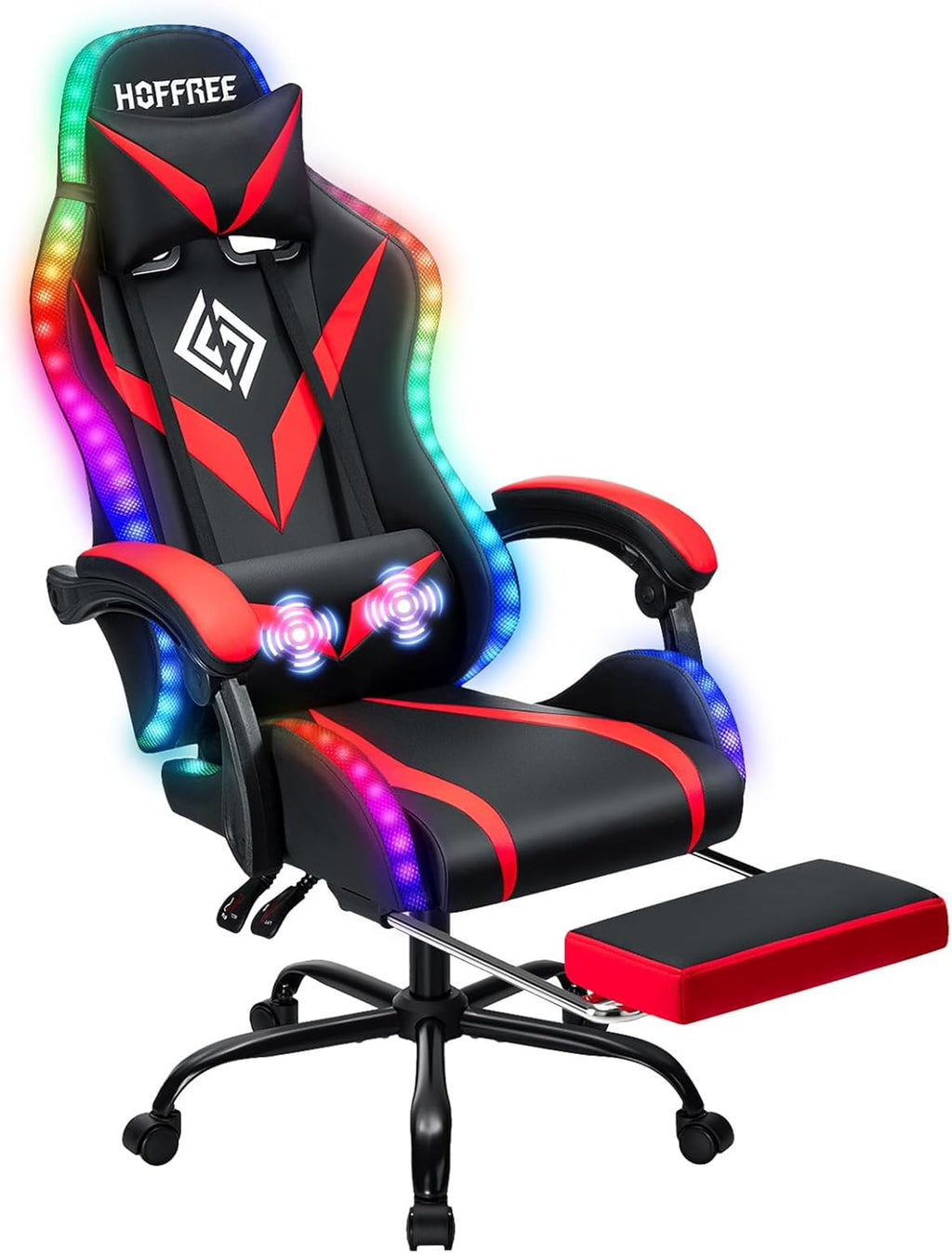 RGB Gaming Chair with Massage and LED Lights Ergonomic Computer Chair with Footrest High Back Video Game Chair with Adjustable Lumbar Support Linkage Armrest Red and Black