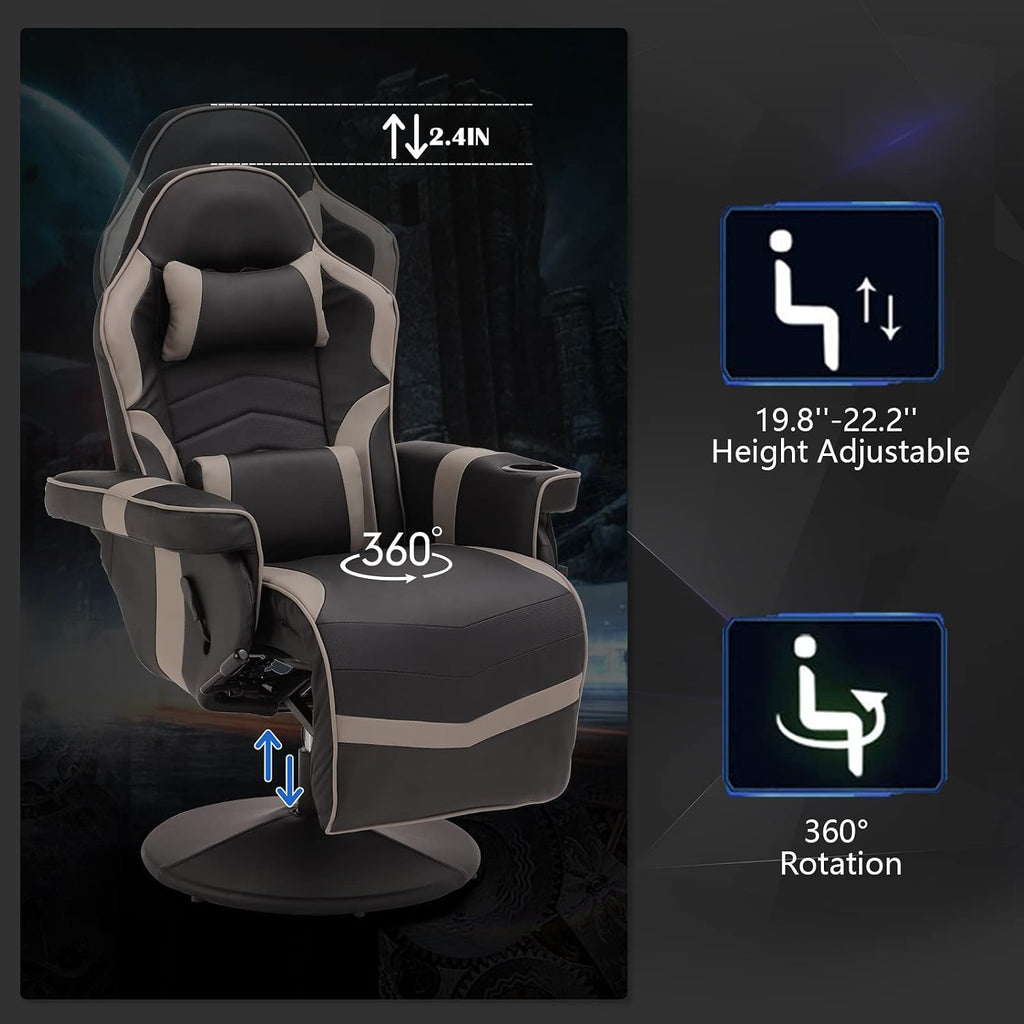 Gaming Chairs for Adults, Gaming Chair with Footrest, Massage Gaming Chair w/Adjustable Height and Backrest, Swivel Video Game Chair with Lumbar Support, Side Pouch (Black& Grey)