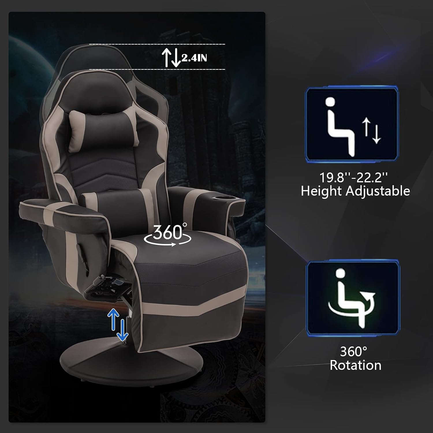 Gaming Chairs for Adults, Gaming Chair with Footrest, Massage Gaming Chair w/Adjustable Height and Backrest, Swivel Video Game Chair with Lumbar Support, Side Pouch (Black& Grey)