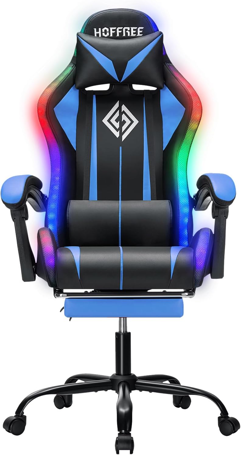 RGB Gaming Chair Massage with LED Lights and Ergonomic Computer Gaming Chair with Footrest High Back Video Game Chairs with Adjustable Lumbar Support Blue and Black