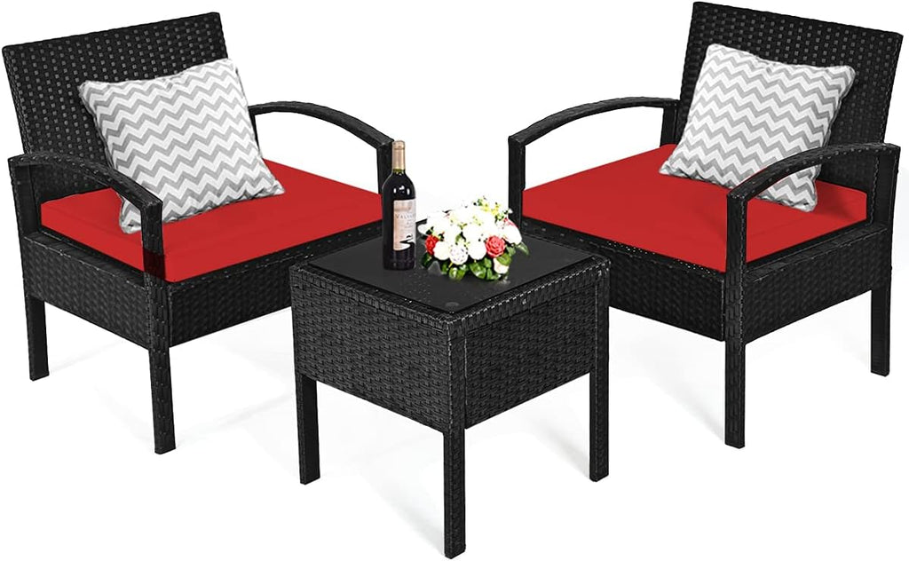 Tangkula 3 PCS Patio Conversation Set, Outdoor Rattan Sofa Set with Seat Cushions & Coffee Table, Patio Wicker Furniture Set for Garden Balcony Backyard Poolside (Red)